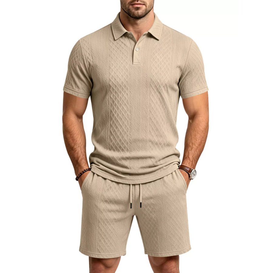 Men’s Full Size Textured Short Sleeve Polo and Shorts Set Plus Size Khaki / S Apparel and Accessories