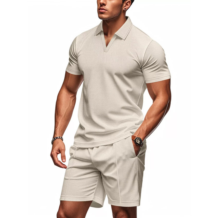 Men’s Full Size Textured Short Sleeve Polo and Shorts Set Plus Size Khaki / S Apparel and Accessories