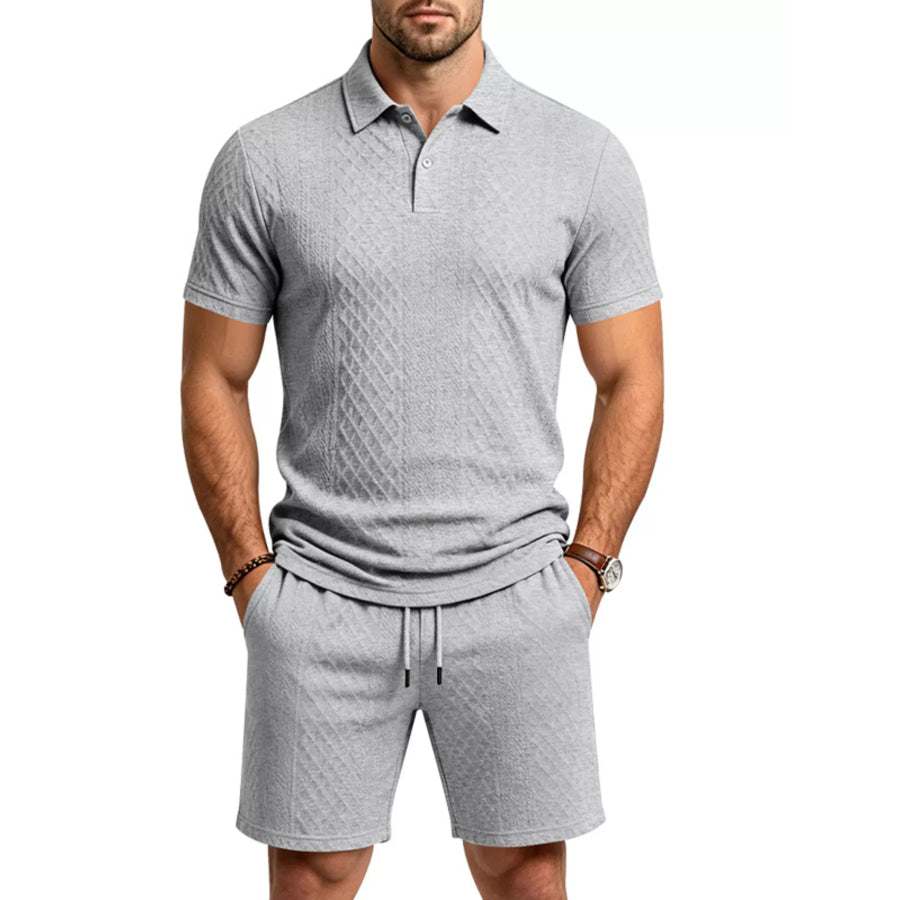 Men’s Full Size Textured Short Sleeve Polo and Shorts Set Plus Size Light Gray / S Apparel and Accessories