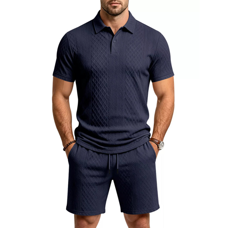 Men’s Full Size Textured Short Sleeve Polo and Shorts Set Plus Size Navy Blue / S Apparel and Accessories