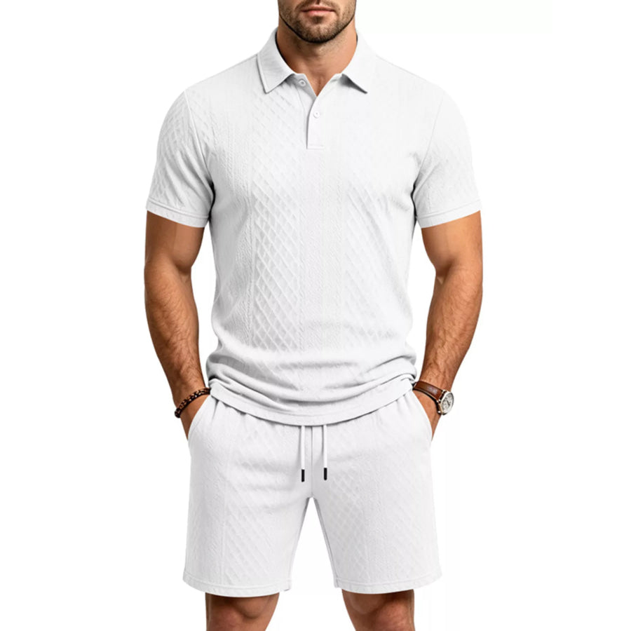 Men’s Full Size Textured Short Sleeve Polo and Shorts Set Plus Size White / S Apparel and Accessories