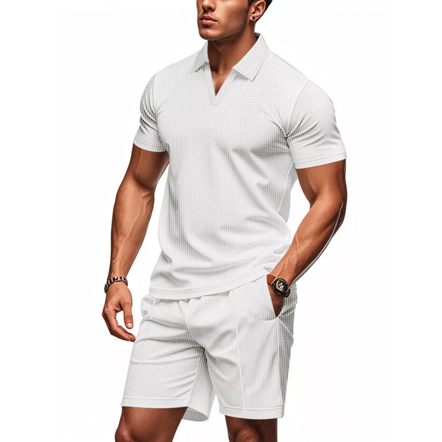 Men’s Full Size Textured Short Sleeve Polo and Shorts Set Plus Size White / S Apparel and Accessories