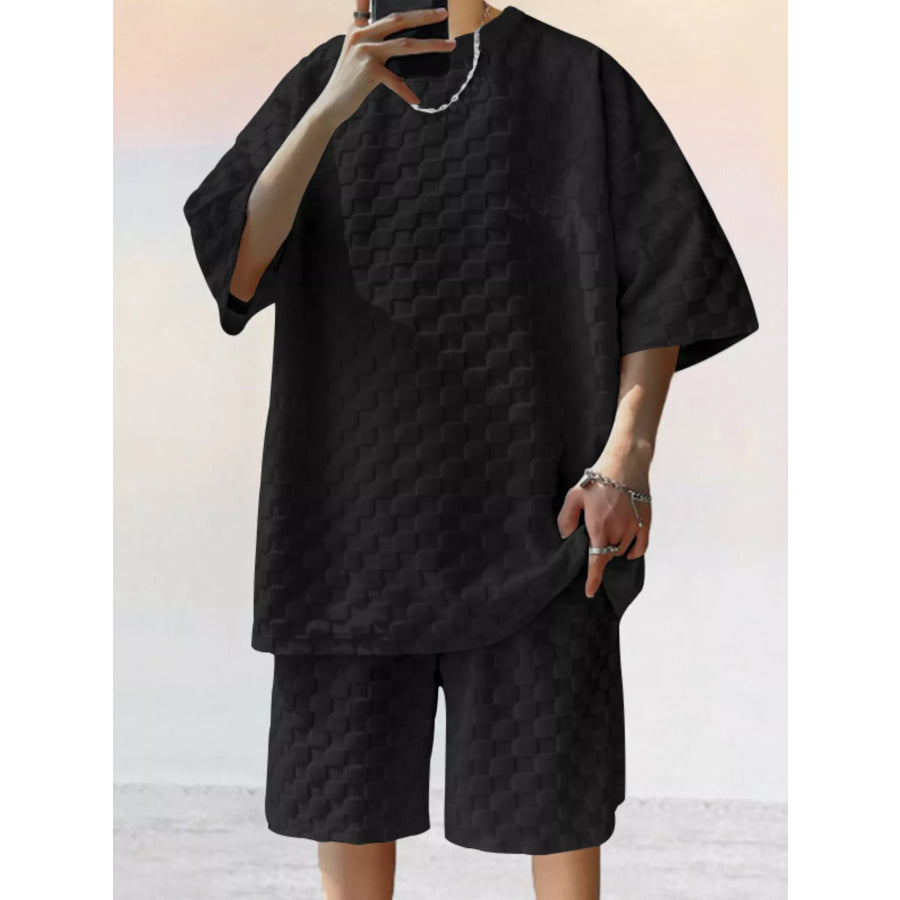 Men’s Full Size Textured Short Sleeve Tee and Shorts Casual Set Plus Size Black / S Apparel and Accessories