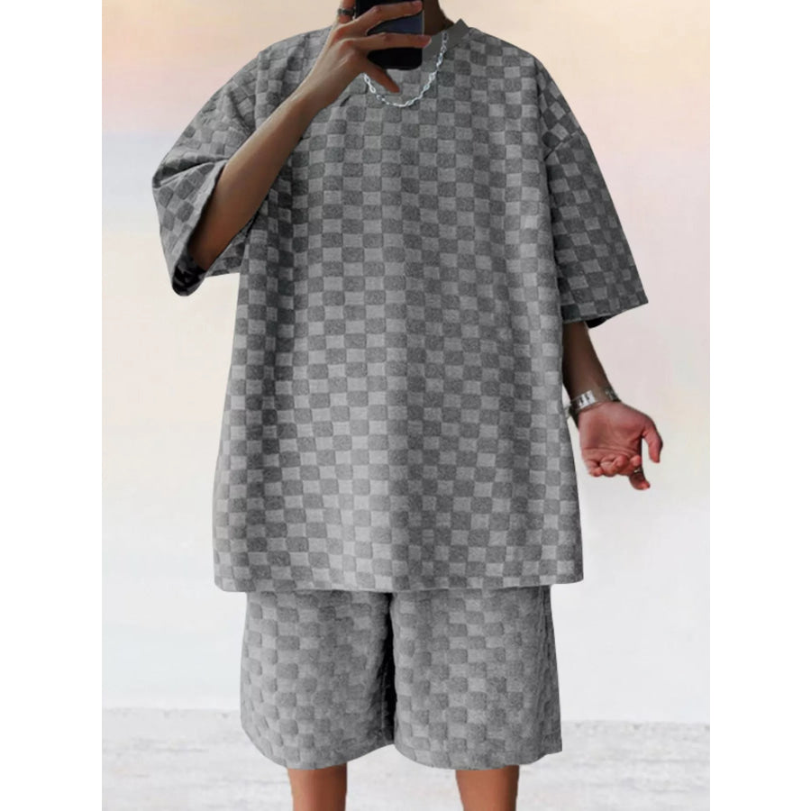 Men’s Full Size Textured Short Sleeve Tee and Shorts Casual Set Plus Size Dark Gray / S Apparel and Accessories