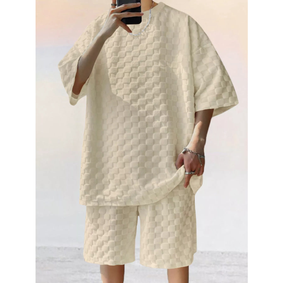 Men’s Full Size Textured Short Sleeve Tee and Shorts Casual Set Plus Size Khaki / S Apparel and Accessories