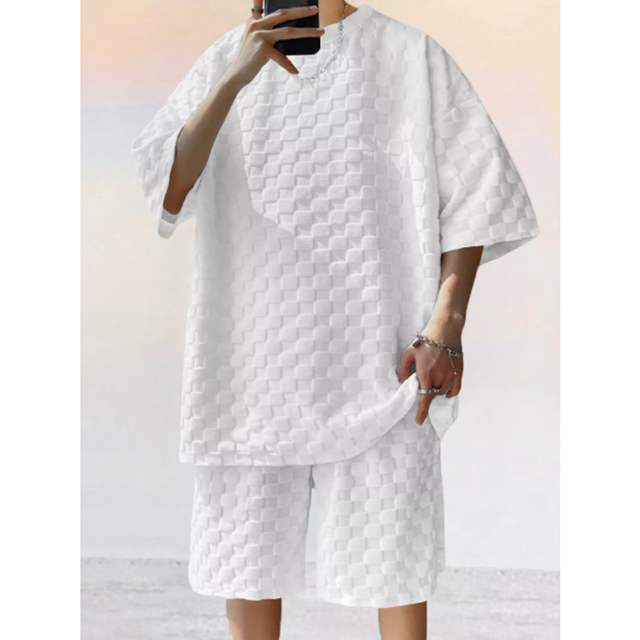 Men’s Full Size Textured Short Sleeve Tee and Shorts Casual Set Plus Size White / S Apparel and Accessories