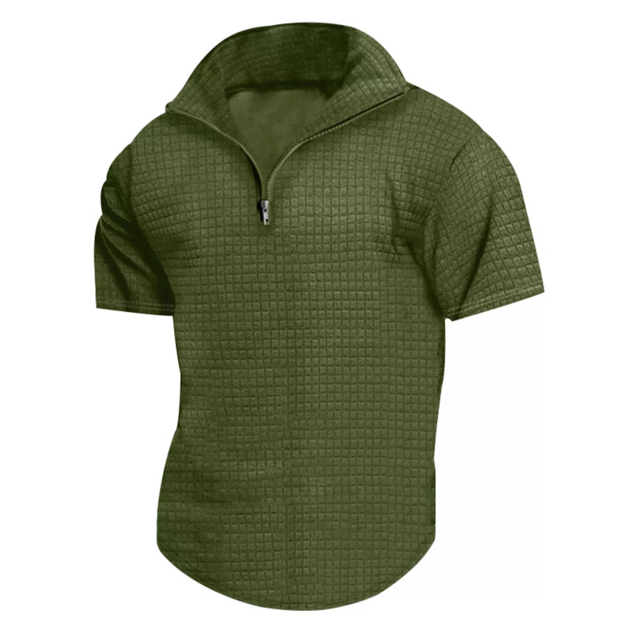 Men’s Full Size Textured Short Sleeve Zipper Polo Plus Size Army Green / S Apparel and Accessories