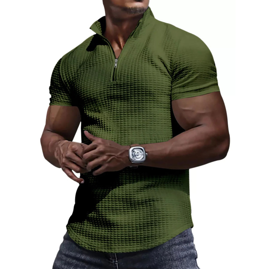 Men’s Full Size Textured Short Sleeve Zipper Polo Plus Size Army Green / S Apparel and Accessories