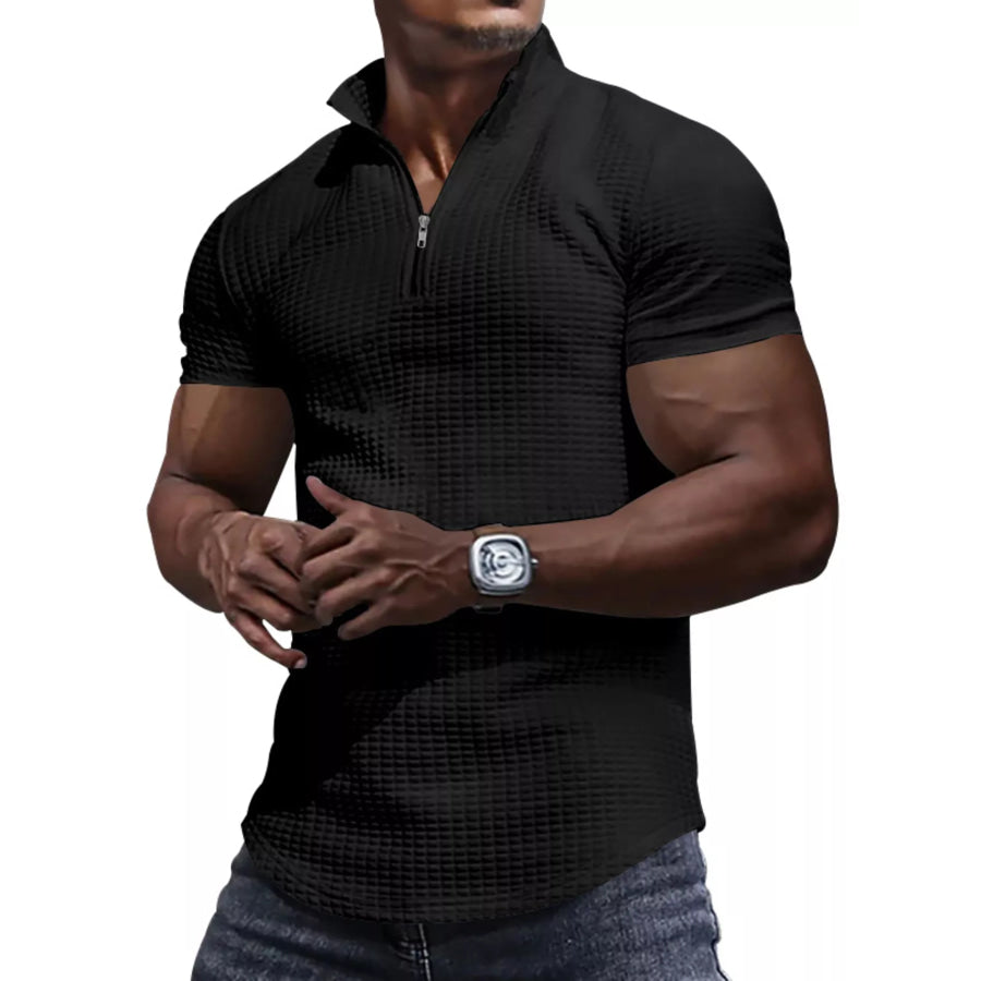 Men’s Full Size Textured Short Sleeve Zipper Polo Plus Size Black / S Apparel and Accessories