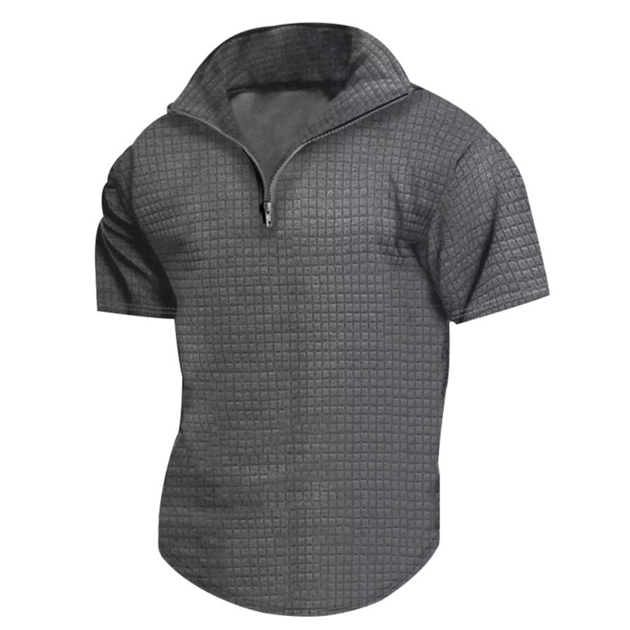 Men’s Full Size Textured Short Sleeve Zipper Polo Plus Size Dark Gray / S Apparel and Accessories