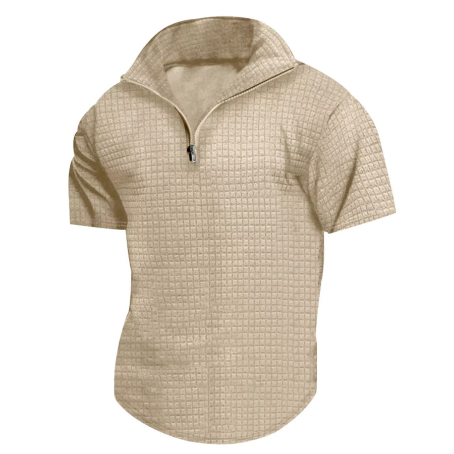 Men’s Full Size Textured Short Sleeve Zipper Polo Plus Size Khaki / S Apparel and Accessories