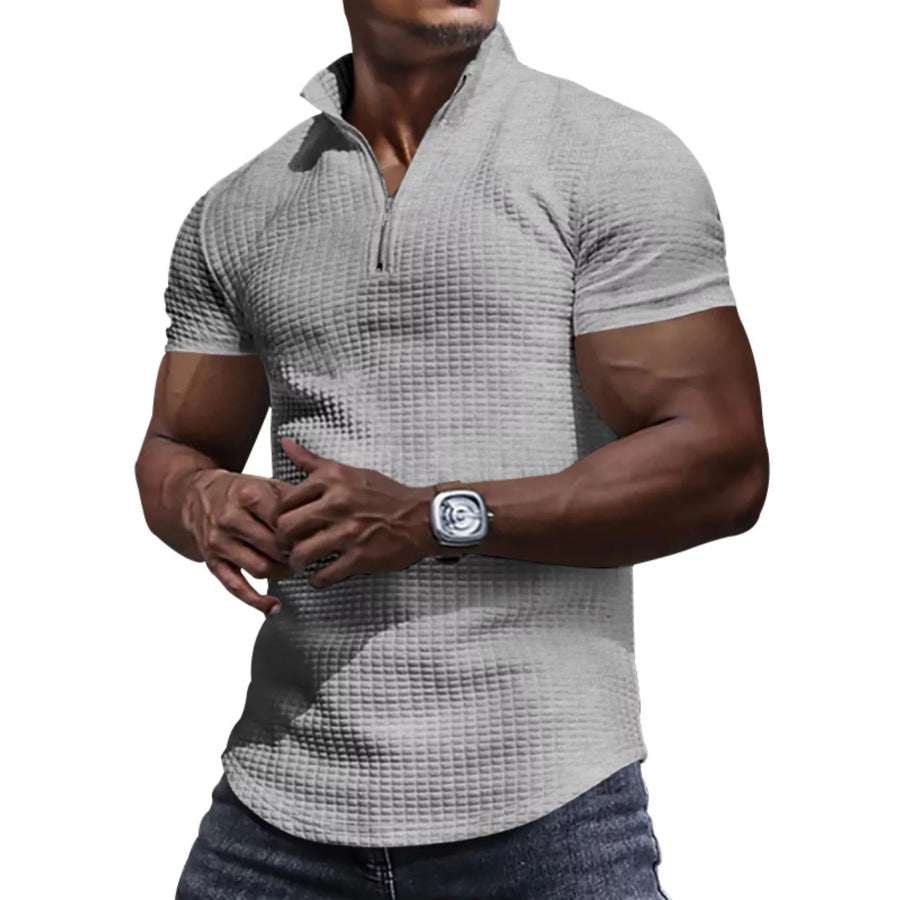 Men’s Full Size Textured Short Sleeve Zipper Polo Plus Size Light Gray / S Apparel and Accessories