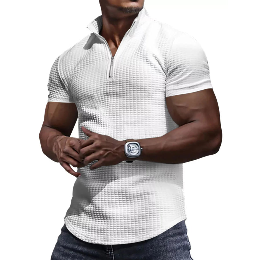 Men’s Full Size Textured Short Sleeve Zipper Polo Plus Size White / S Apparel and Accessories