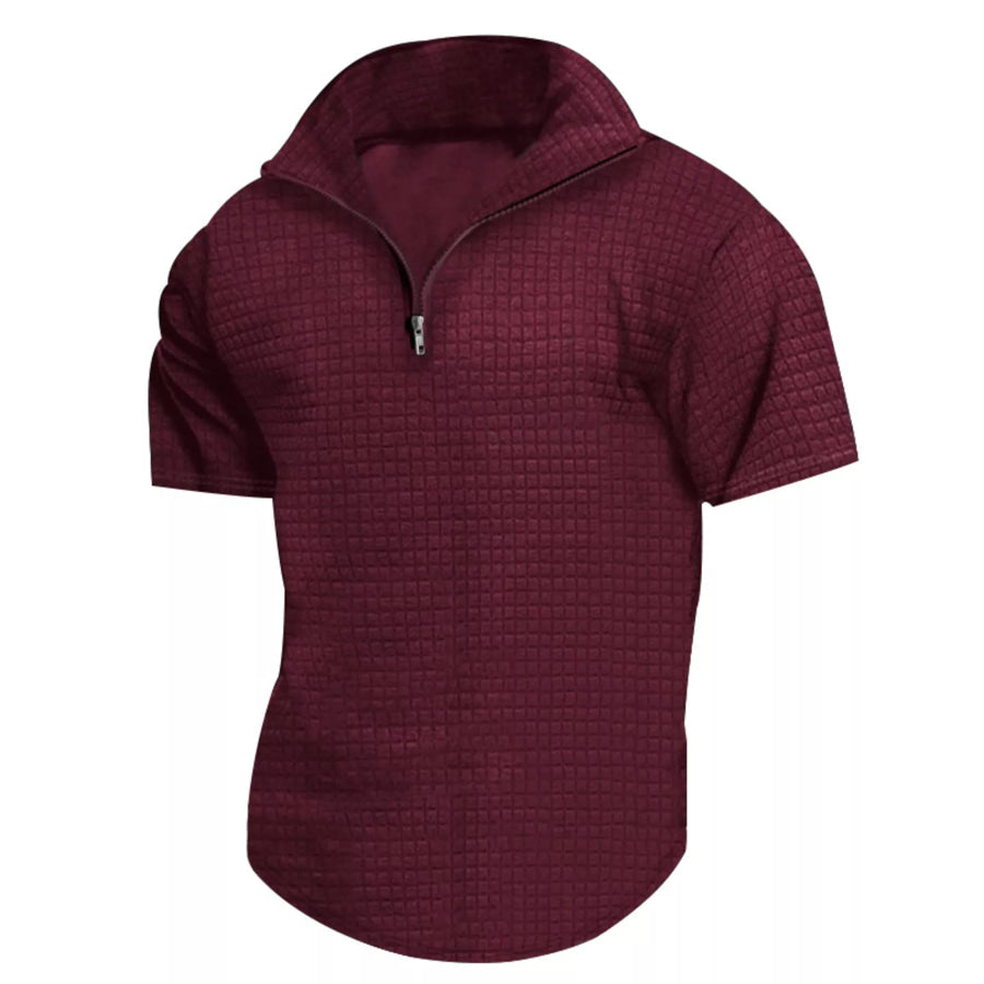 Men’s Full Size Textured Short Sleeve Zipper Polo Plus Size Wine Red / S Apparel and Accessories