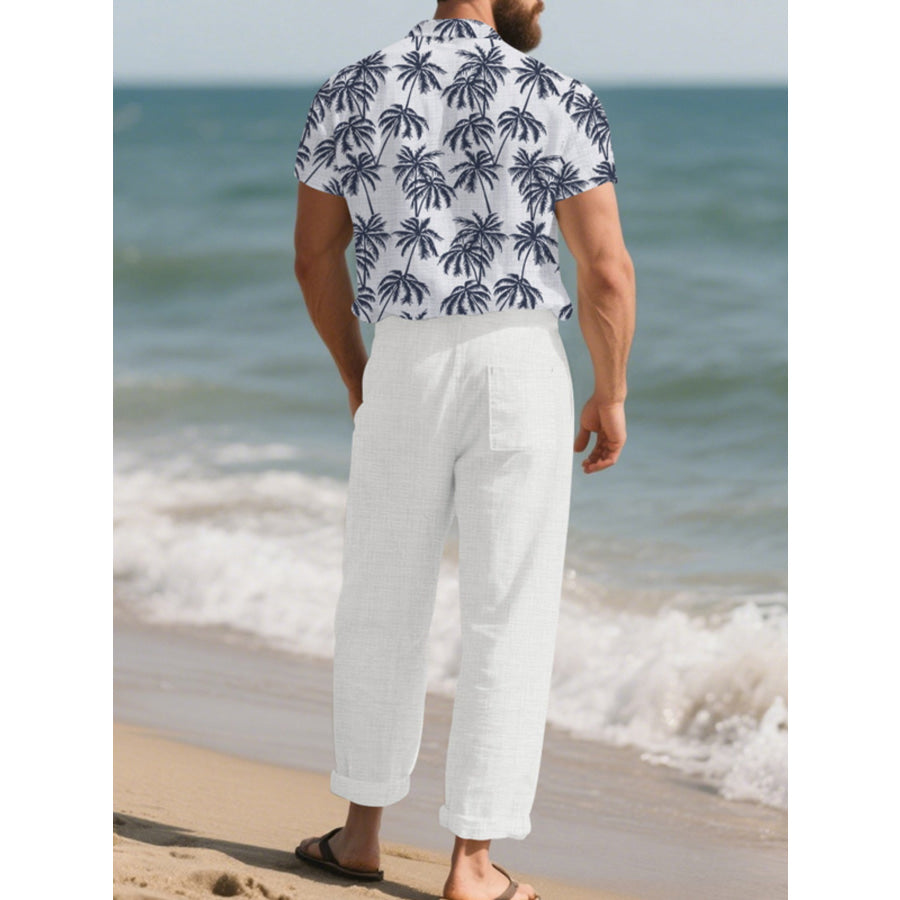Men’s Full Size Tropical Palm Print Button Up Shirt and Pants Set Plus Size Apparel and Accessories
