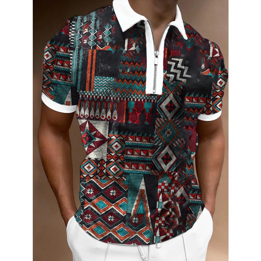 Men’s Full Size Tropical Palm Tree Print Zipper Polo Plus Size Black / S Apparel and Accessories