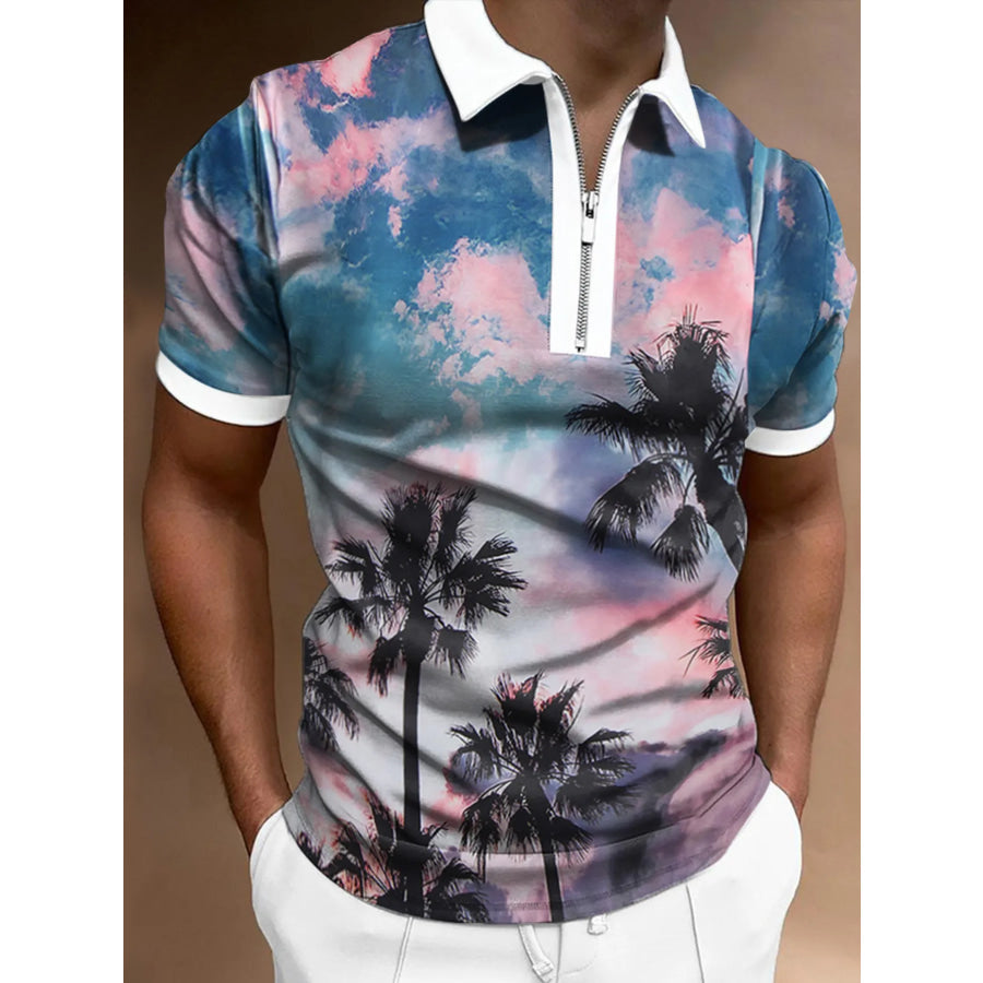 Men’s Full Size Tropical Palm Tree Print Zipper Polo Plus Size Blush Pink / S Apparel and Accessories