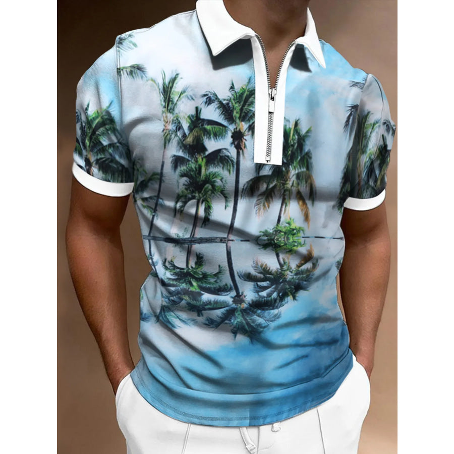 Men’s Full Size Tropical Palm Tree Print Zipper Polo Plus Size Pastel Blue / S Apparel and Accessories