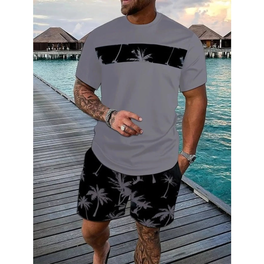 Men’s Full Size Tropical Palm Tree Tee and Shorts Set Plus Size Dark Gray / XXS Apparel and Accessories