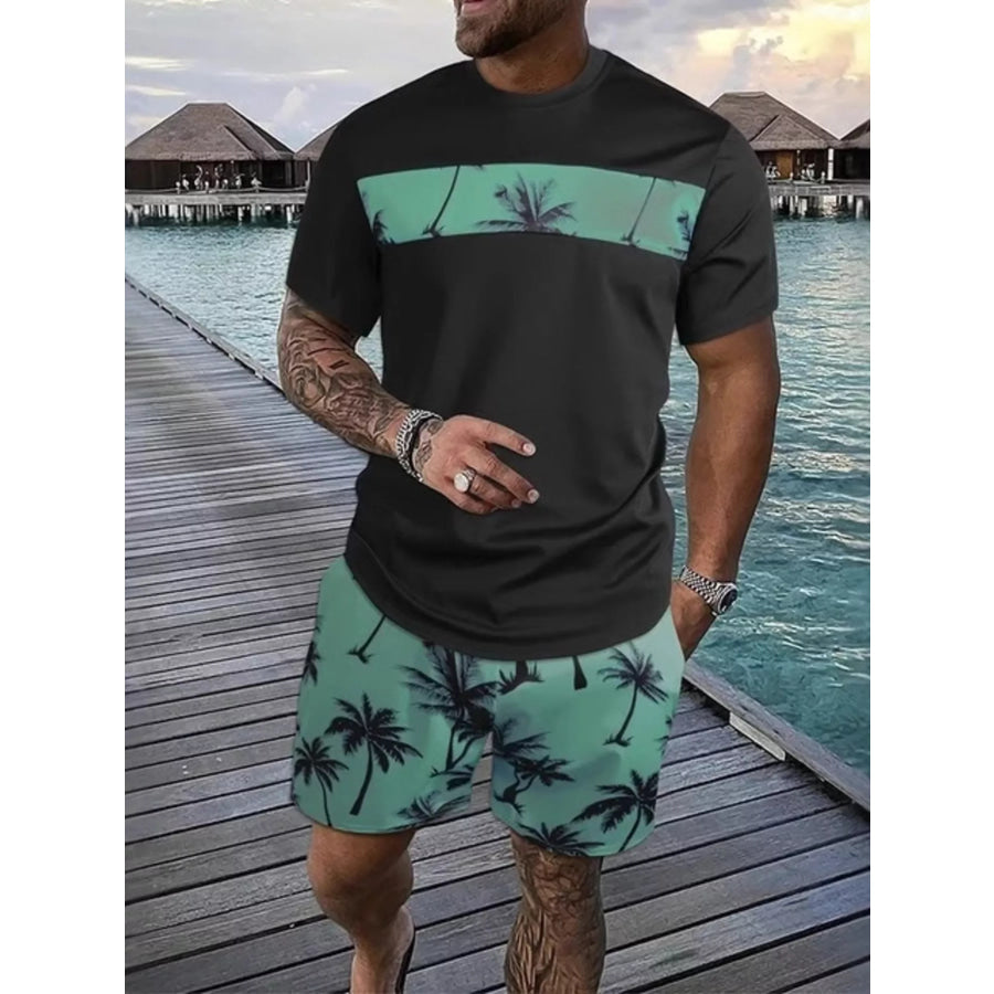 Men’s Full Size Tropical Palm Tree Tee and Shorts Set Plus Size Dark Green / XXS Apparel and Accessories