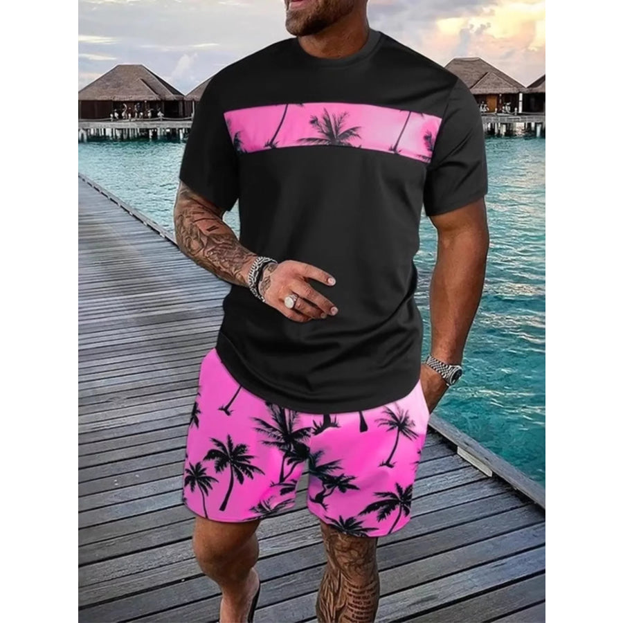 Men’s Full Size Tropical Palm Tree Tee and Shorts Set Plus Size Hot Pink / XXS Apparel and Accessories