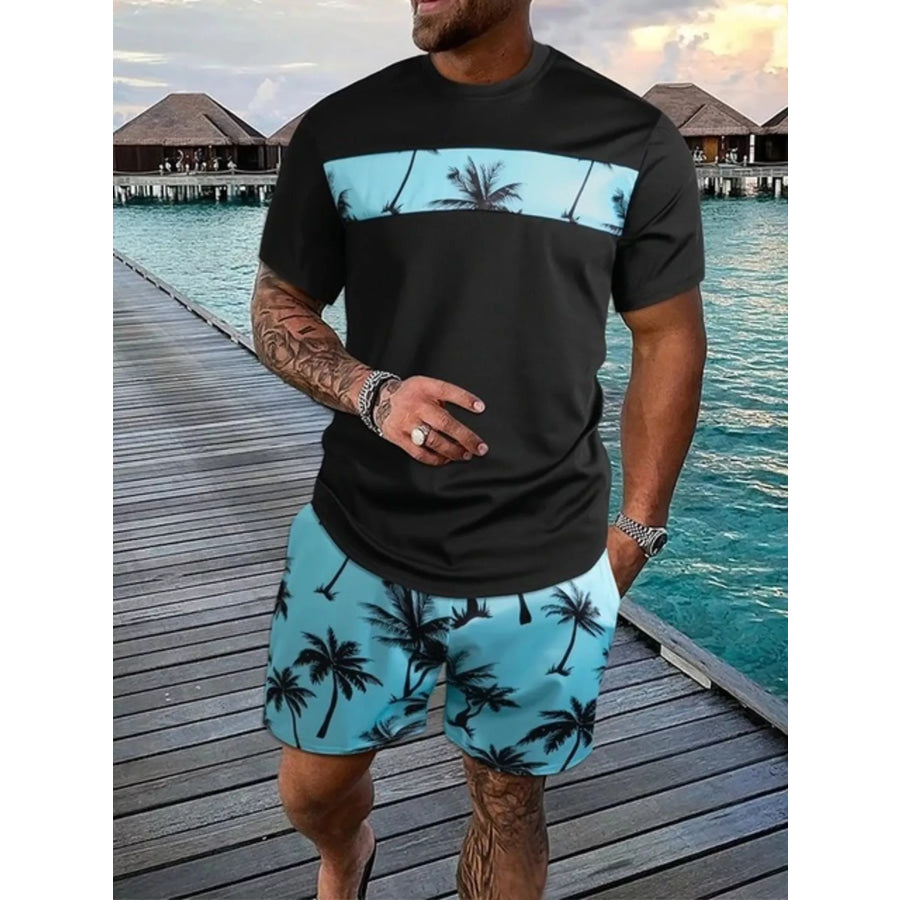 Men’s Full Size Tropical Palm Tree Tee and Shorts Set Plus Size Pastel Blue / XXS Apparel and Accessories