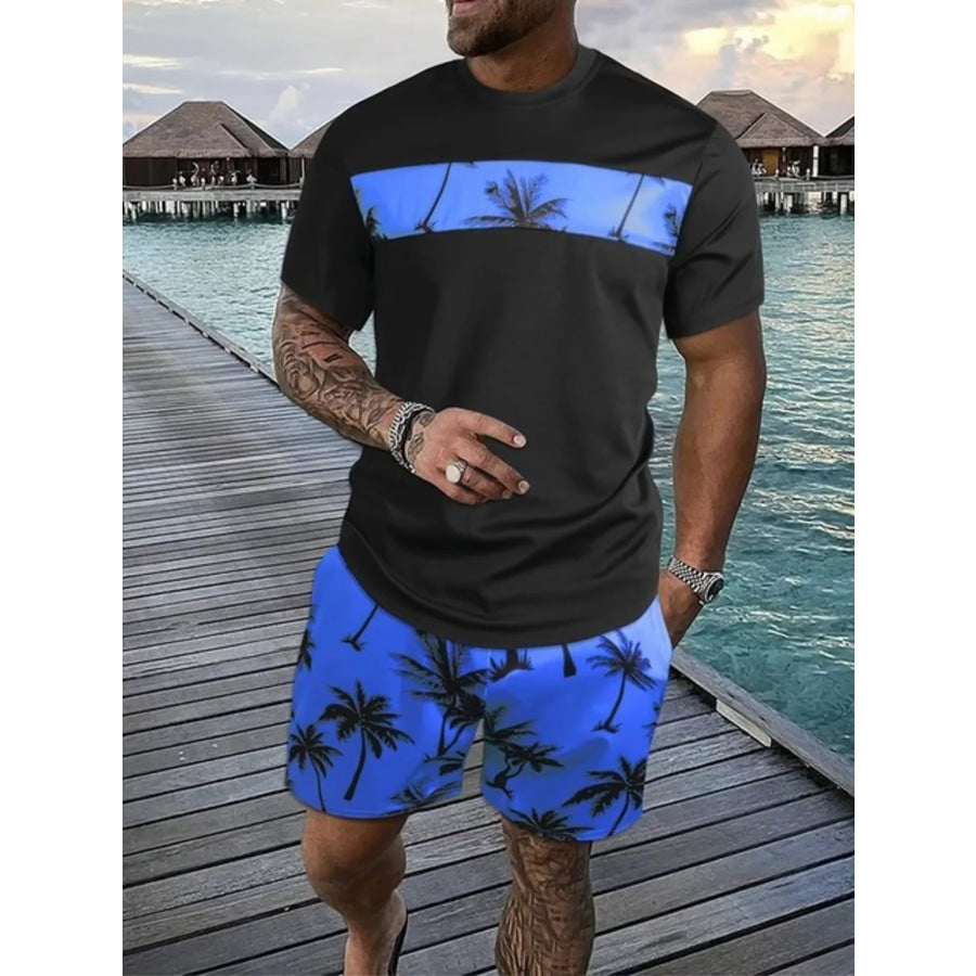 Men’s Full Size Tropical Palm Tree Tee and Shorts Set Plus Size Royal Blue / XXS Apparel and Accessories