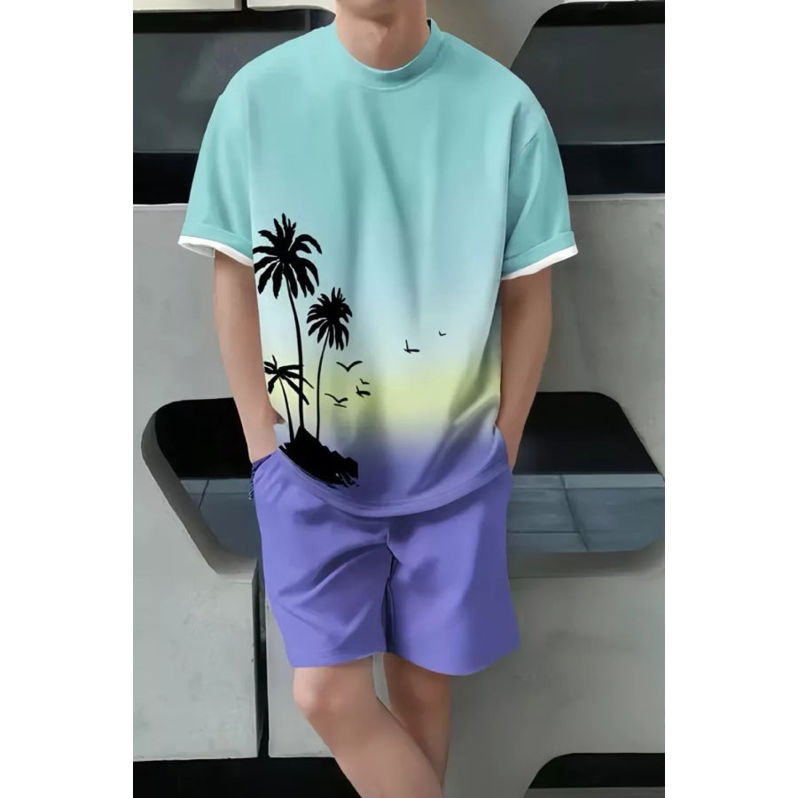 Men’s Full Size Tropical Print Casual Tee and Shorts Set Plus Size Blue Purple / S Apparel and Accessories