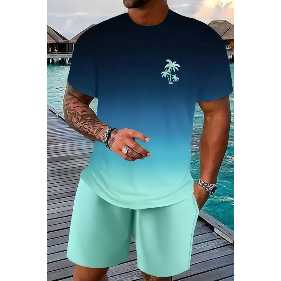 Men’s Full Size Tropical Print Casual Tee and Shorts Set Plus Size Dark Blue / S Apparel and Accessories