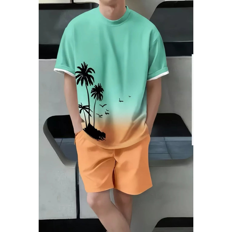 Men’s Full Size Tropical Print Casual Tee and Shorts Set Plus Size Sherbet / S Apparel and Accessories