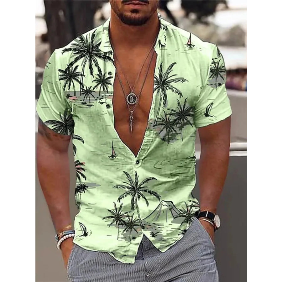 Men’s Full Size Tropical Print Short Sleeve Button-Down Shirt Plus Size Light Green / S Apparel and Accessories
