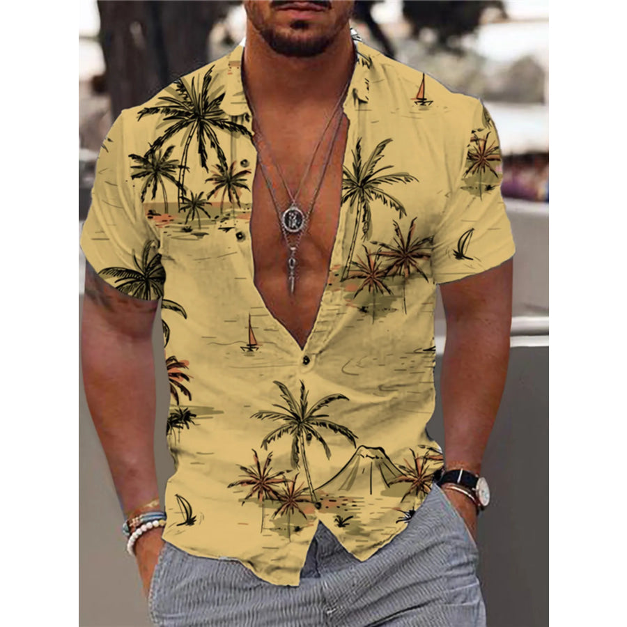 Men’s Full Size Tropical Print Short Sleeve Button-Down Shirt Plus Size Mustard / S Apparel and Accessories
