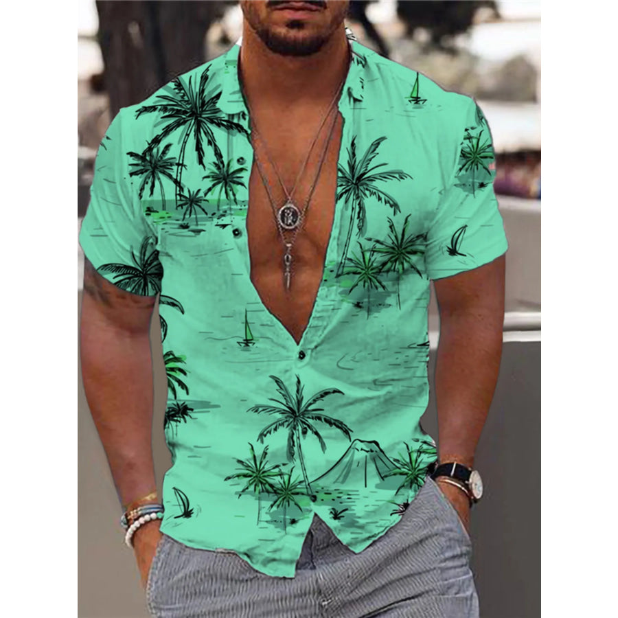 Men’s Full Size Tropical Print Short Sleeve Button-Down Shirt Plus Size Neon Green / S Apparel and Accessories