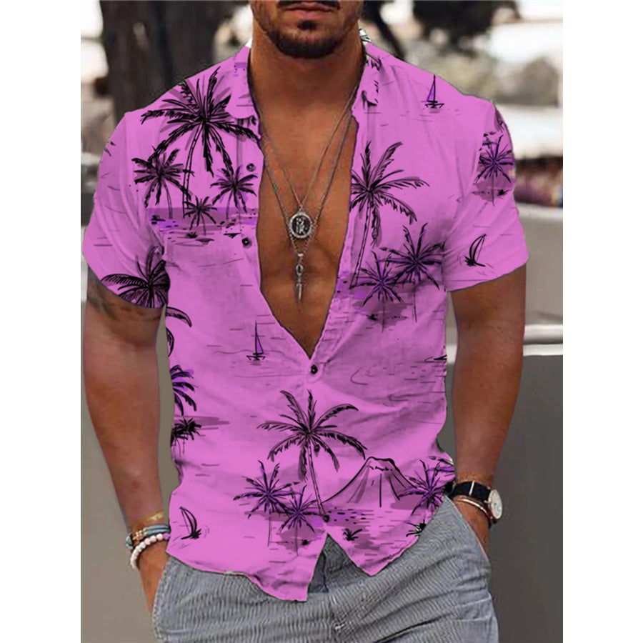 Men’s Full Size Tropical Print Short Sleeve Button-Down Shirt Plus Size Vivid Violet / S Apparel and Accessories