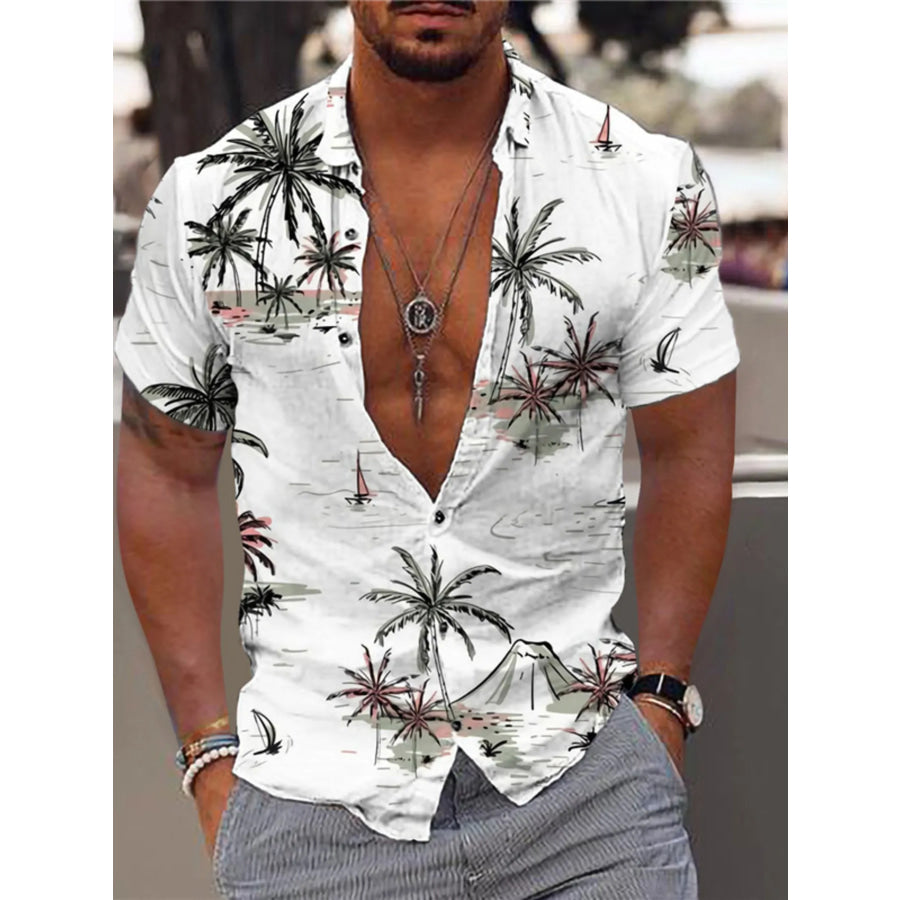 Men’s Full Size Tropical Print Short Sleeve Button-Down Shirt Plus Size White / S Apparel and Accessories