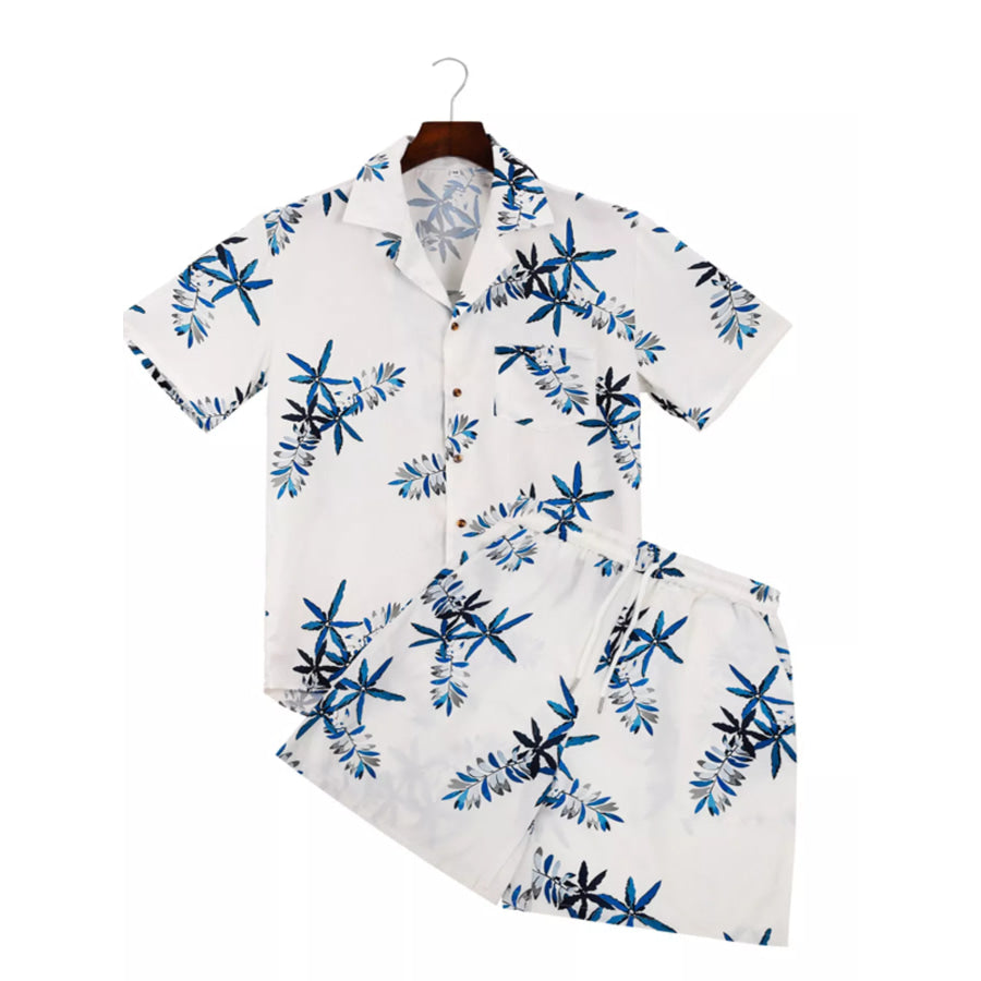 Men’s Full Size Tropical Print Short Sleeve Shirt and Shorts Set Plus Size White / S Apparel and Accessories