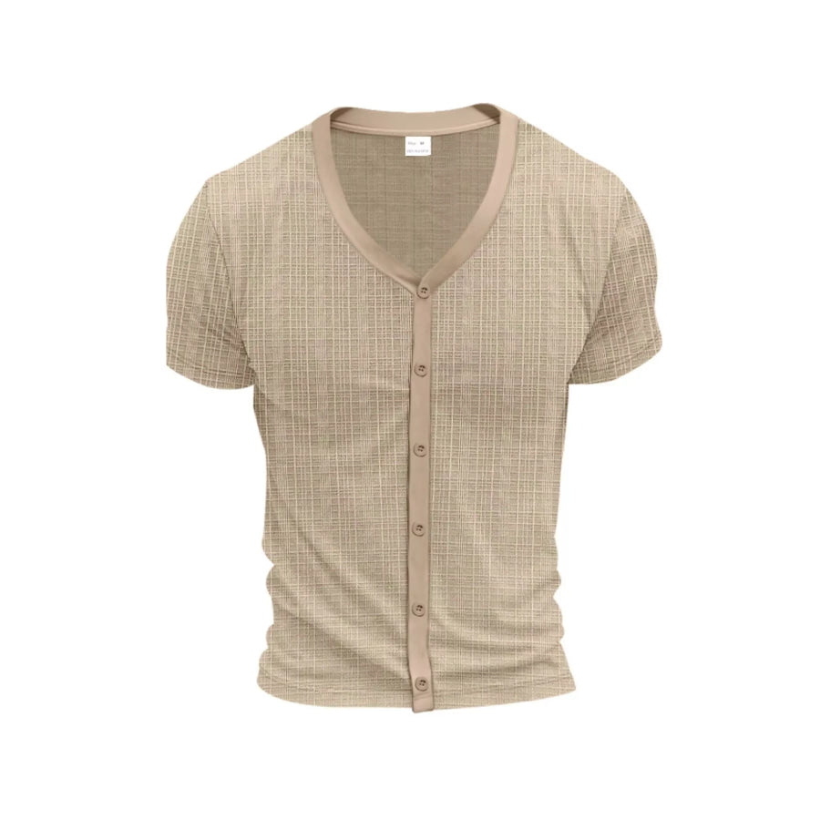 Men’s Full Size V-Neck Button-Down Top Plus Size Khaki / S Apparel and Accessories