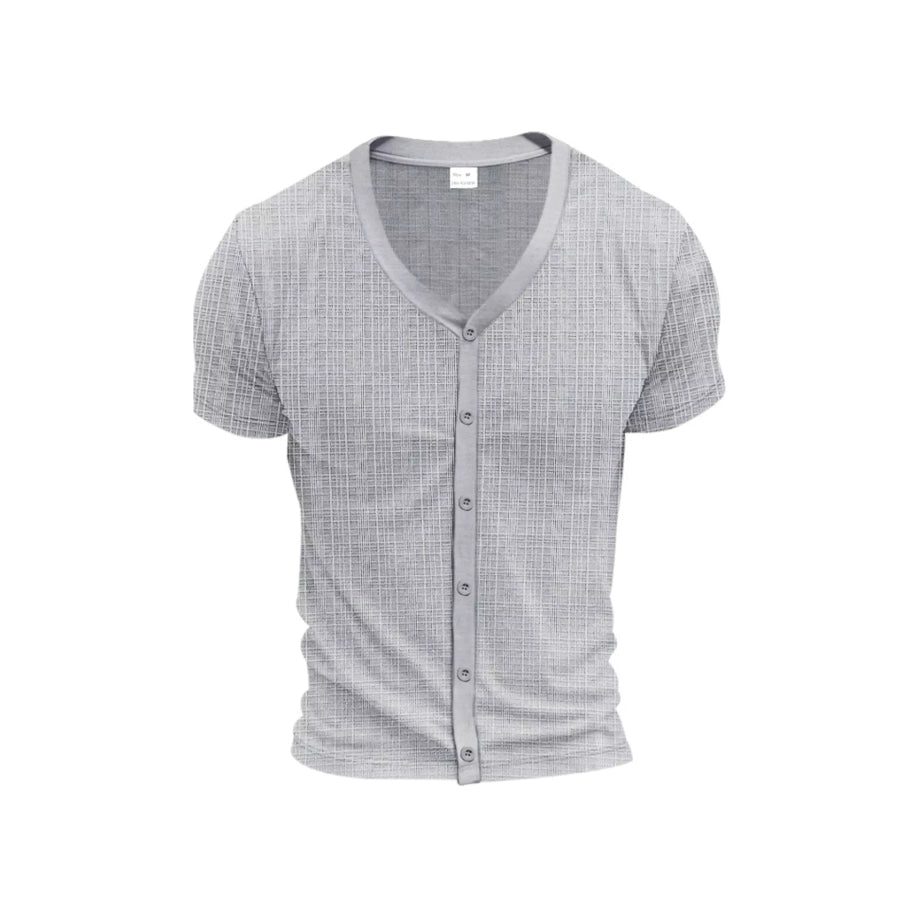 Men’s Full Size V-Neck Button-Down Top Plus Size Light Gray / S Apparel and Accessories