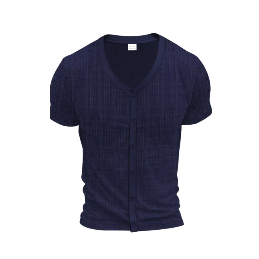 Men’s Full Size V-Neck Button-Down Top Plus Size Navy Blue / S Apparel and Accessories