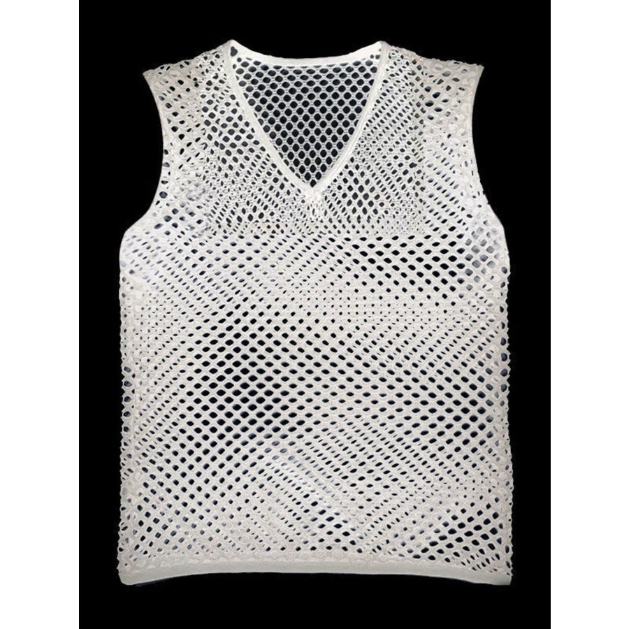 Men’s Full Size V-Neck Mesh Fishnet Tank Top Plus White / S Apparel and Accessories