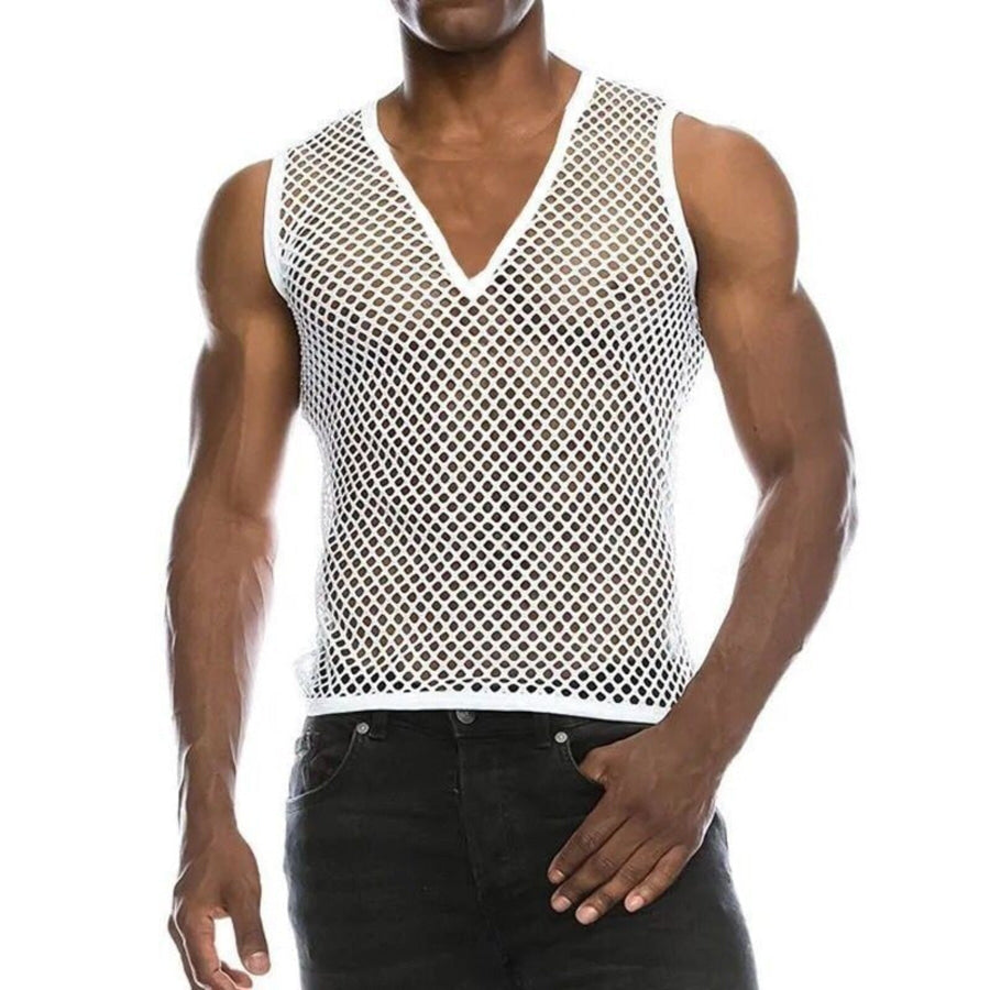 Men’s Full Size V-Neck Mesh Fishnet Tank Top Plus White / S Apparel and Accessories