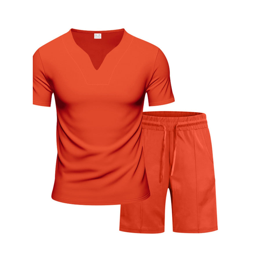 Men’s Full Size V-Neck Short Sleeve T-Shirt and Shorts Set Plus Size Apparel and Accessories