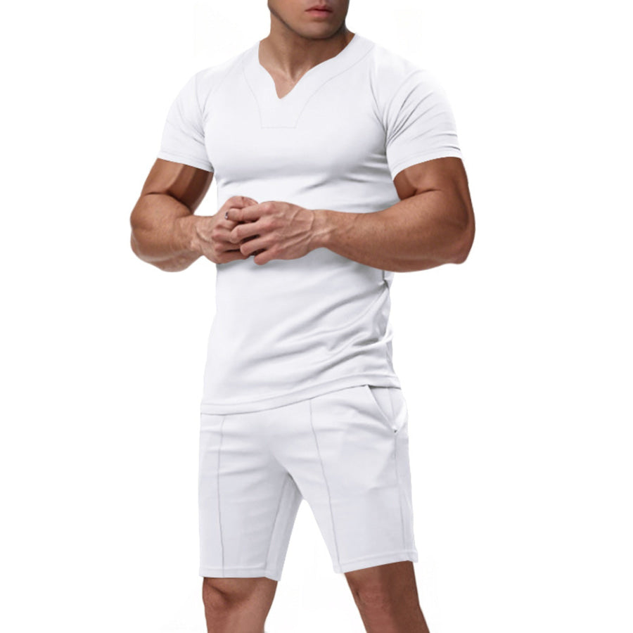 Men’s Full Size V-Neck Short Sleeve T-Shirt and Shorts Set Plus Size Apparel and Accessories