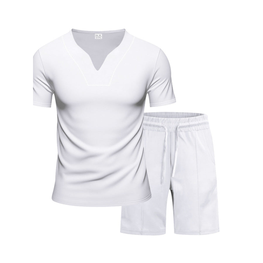 Men’s Full Size V-Neck Short Sleeve T-Shirt and Shorts Set Plus Size Apparel and Accessories
