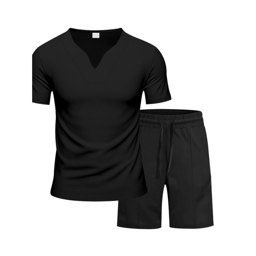 Men’s Full Size V-Neck Short Sleeve T-Shirt and Shorts Set Plus Size Black / S Apparel and Accessories