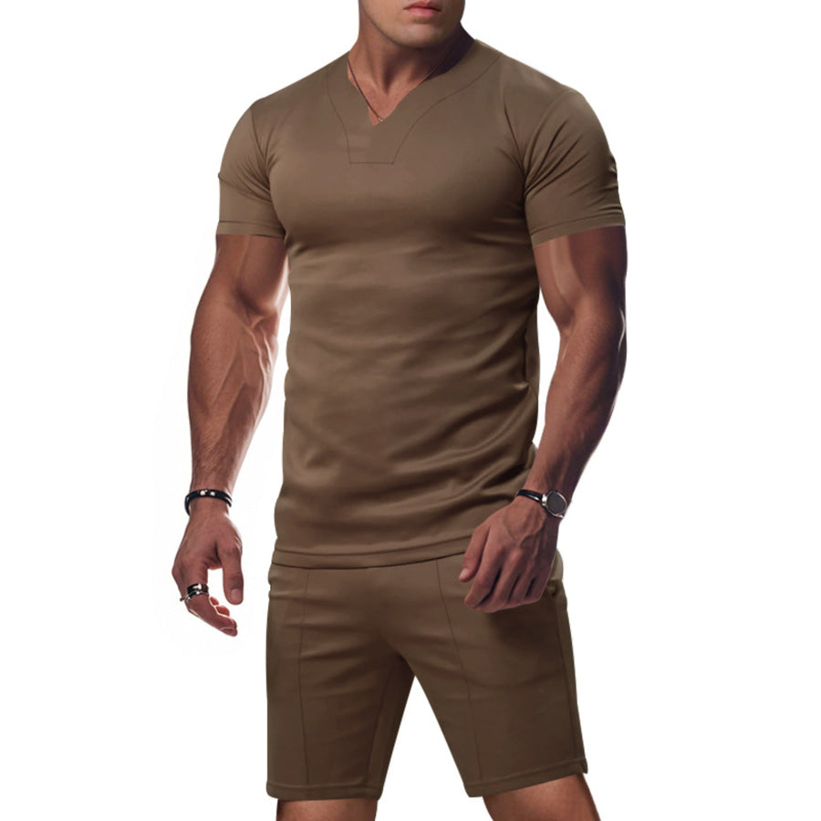 Men’s Full Size V-Neck Short Sleeve T-Shirt and Shorts Set Plus Size Brown / S Apparel and Accessories
