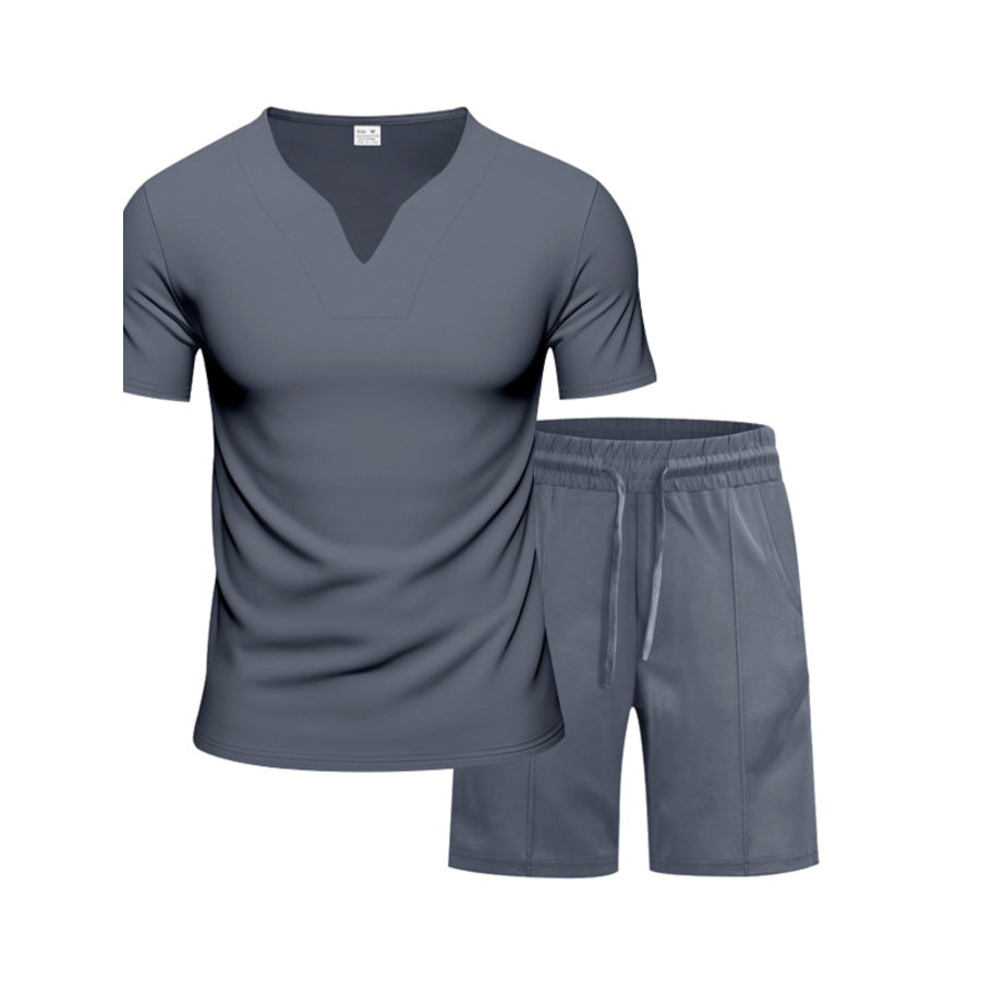 Men’s Full Size V-Neck Short Sleeve T-Shirt and Shorts Set Plus Size Dark Gray / S Apparel and Accessories