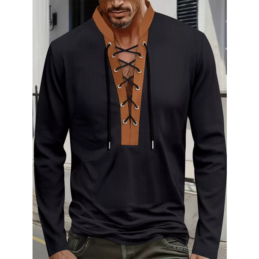 Men’s Full Size Vintage Lace-Up Long Sleeve T-Shirt Plus Size Black / S Apparel and Accessories