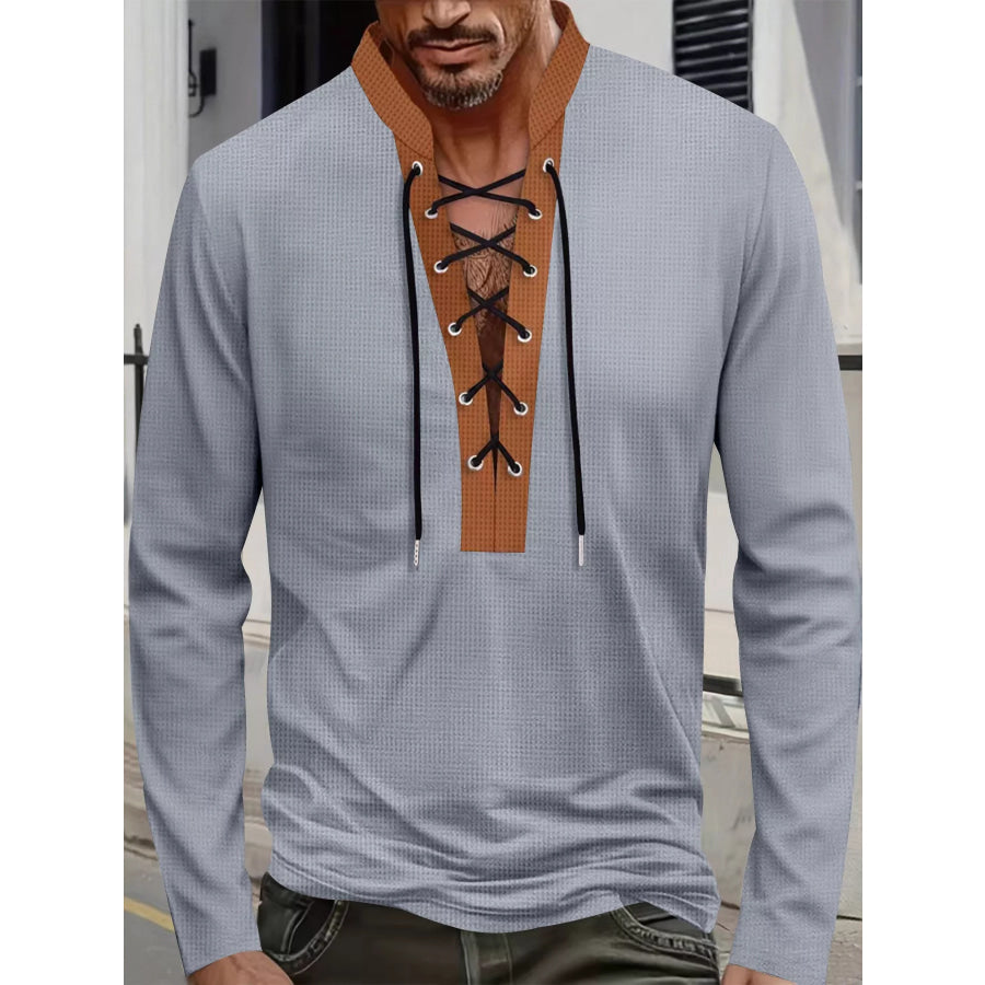 Men’s Full Size Vintage Lace-Up Long Sleeve T-Shirt Plus Size Grey / S Apparel and Accessories