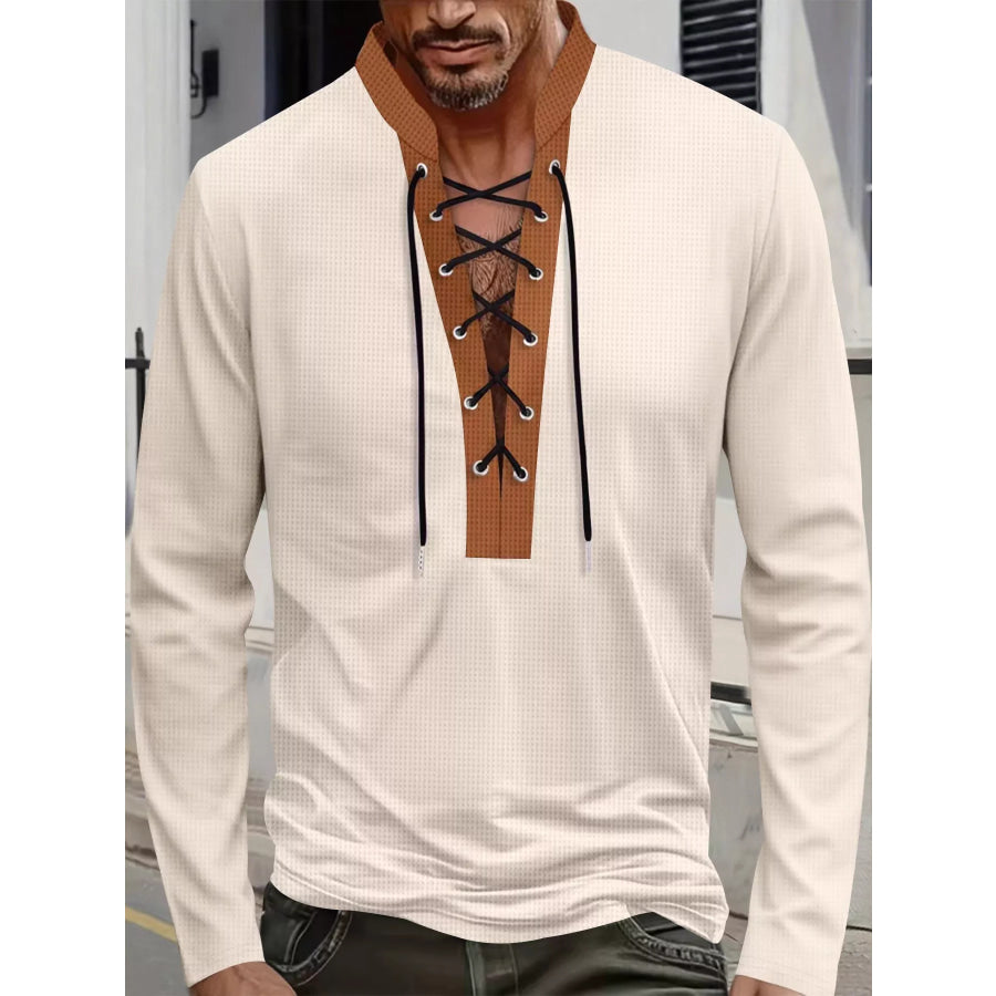 Men’s Full Size Vintage Lace-Up Long Sleeve T-Shirt Plus Size Khaki / S Apparel and Accessories
